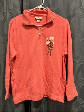 Coral Quarter-Zip Pullover with Daisy Patches